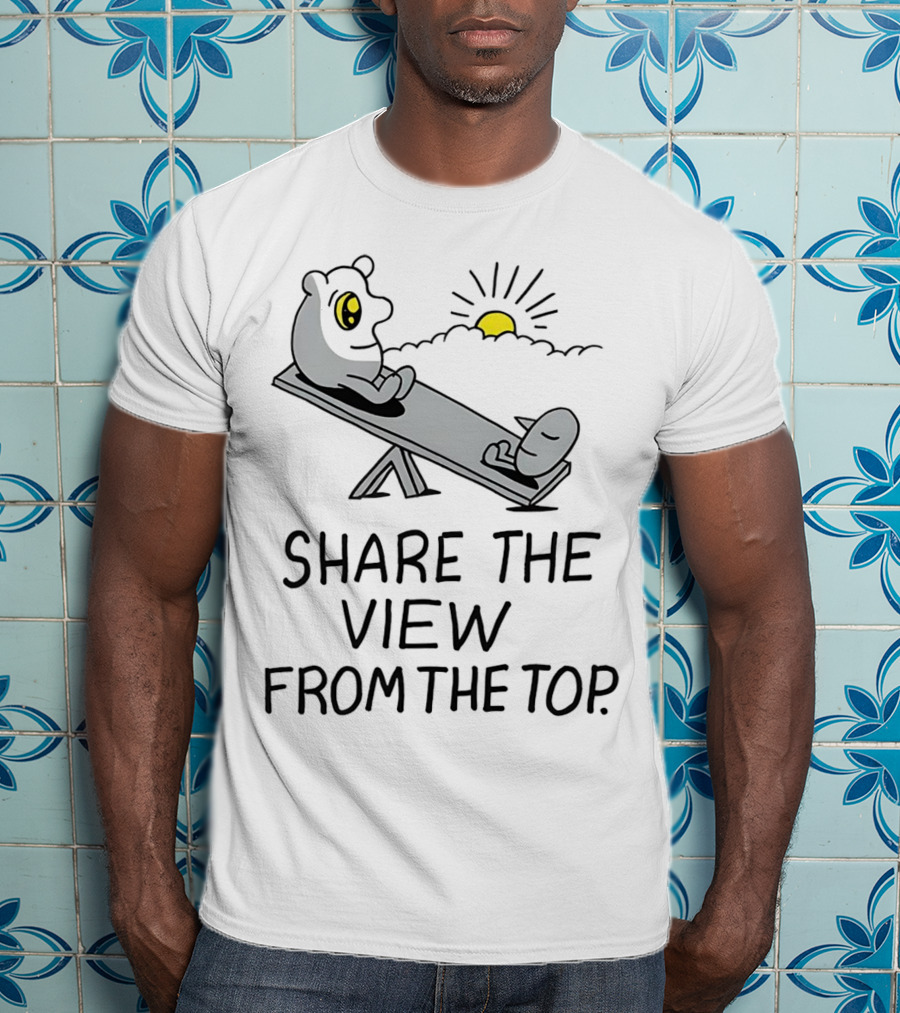 Share The View From The Top - Cartoon Figures On Teeter-Totter With Sunset T-Shirt