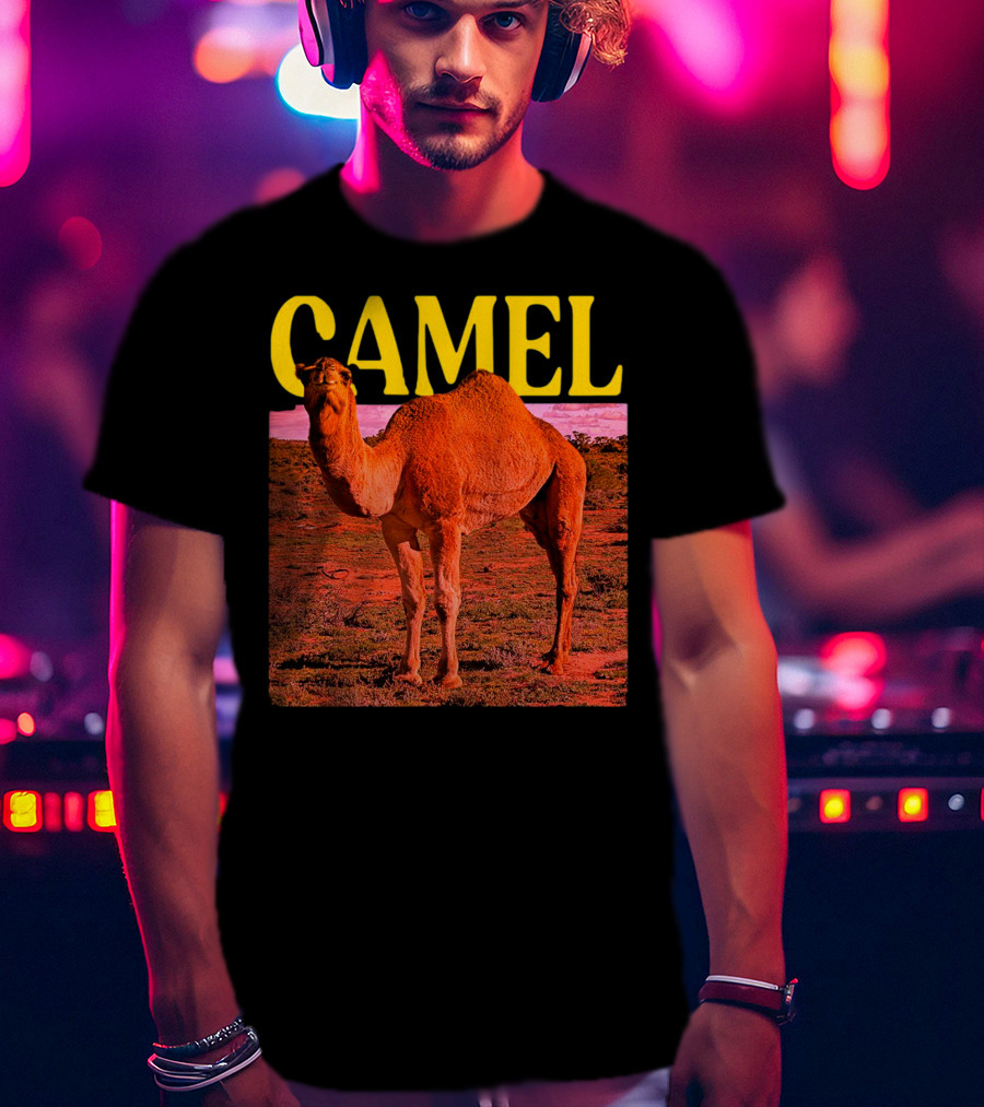 Camel In Vibrant Orange Desert Landscape T-Shirt