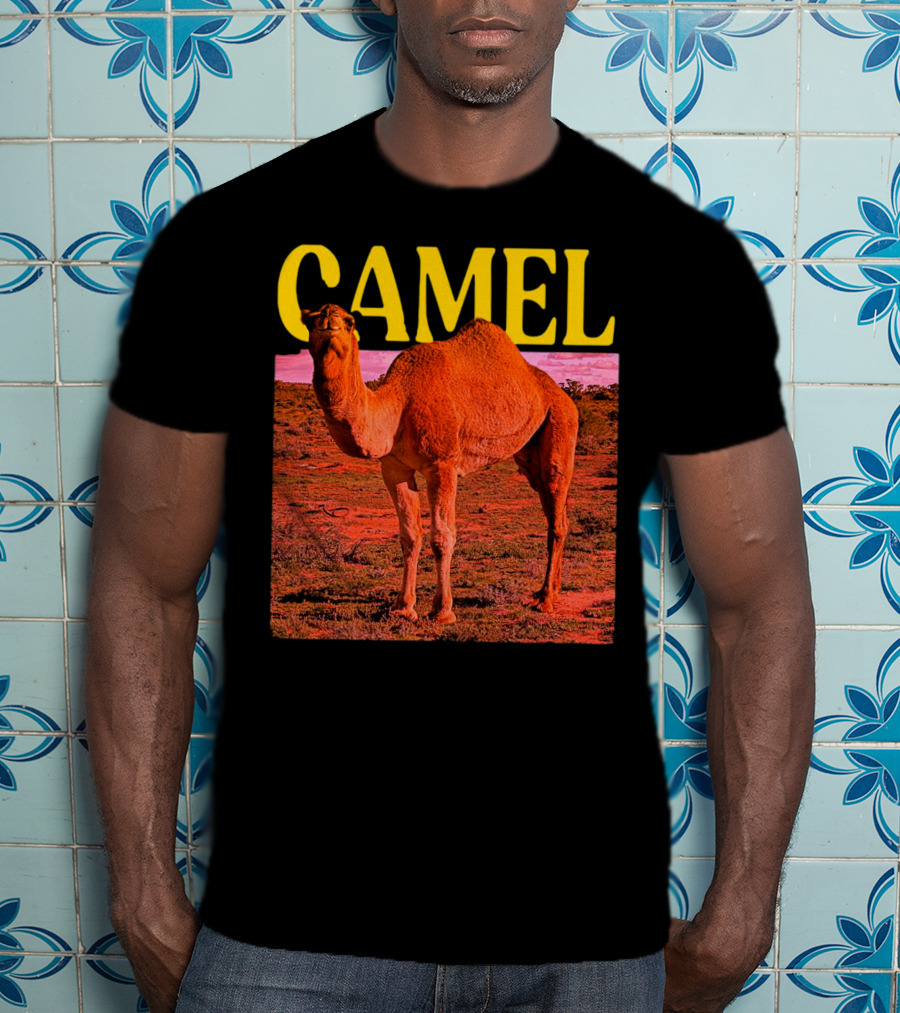 Camel In Vibrant Orange Desert Landscape T-Shirt