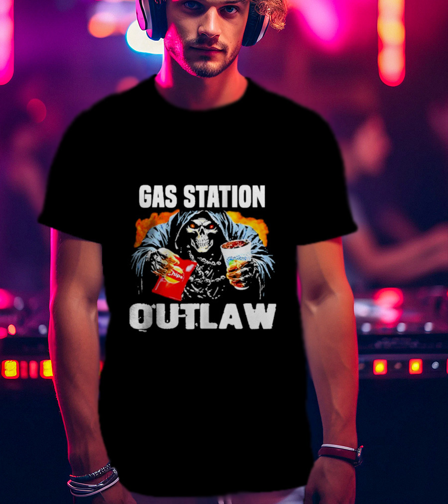 Gas Station Outlaw Chips Fiery Skull T-Shirt