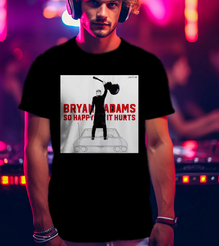 Bryan Adams So Happy It Hurts Album Cover Art Standing On Car With Guitar T-Shirt