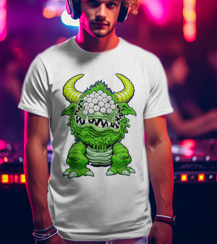 Black Beast Of Aaaarrgghh Multi-Eyed Green Monster With Horns T-Shirt