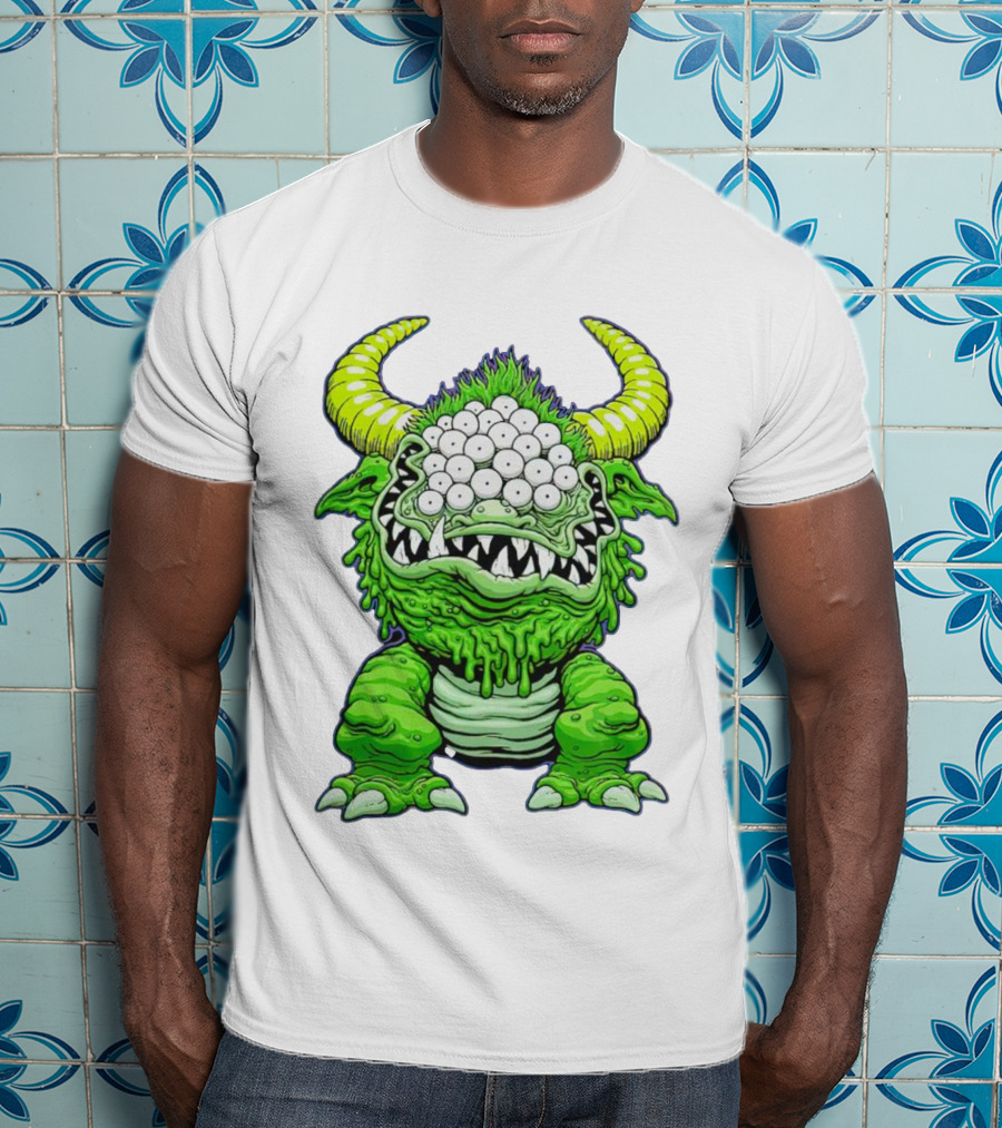 Black Beast Of Aaaarrgghh Multi-Eyed Green Monster With Horns T-Shirt