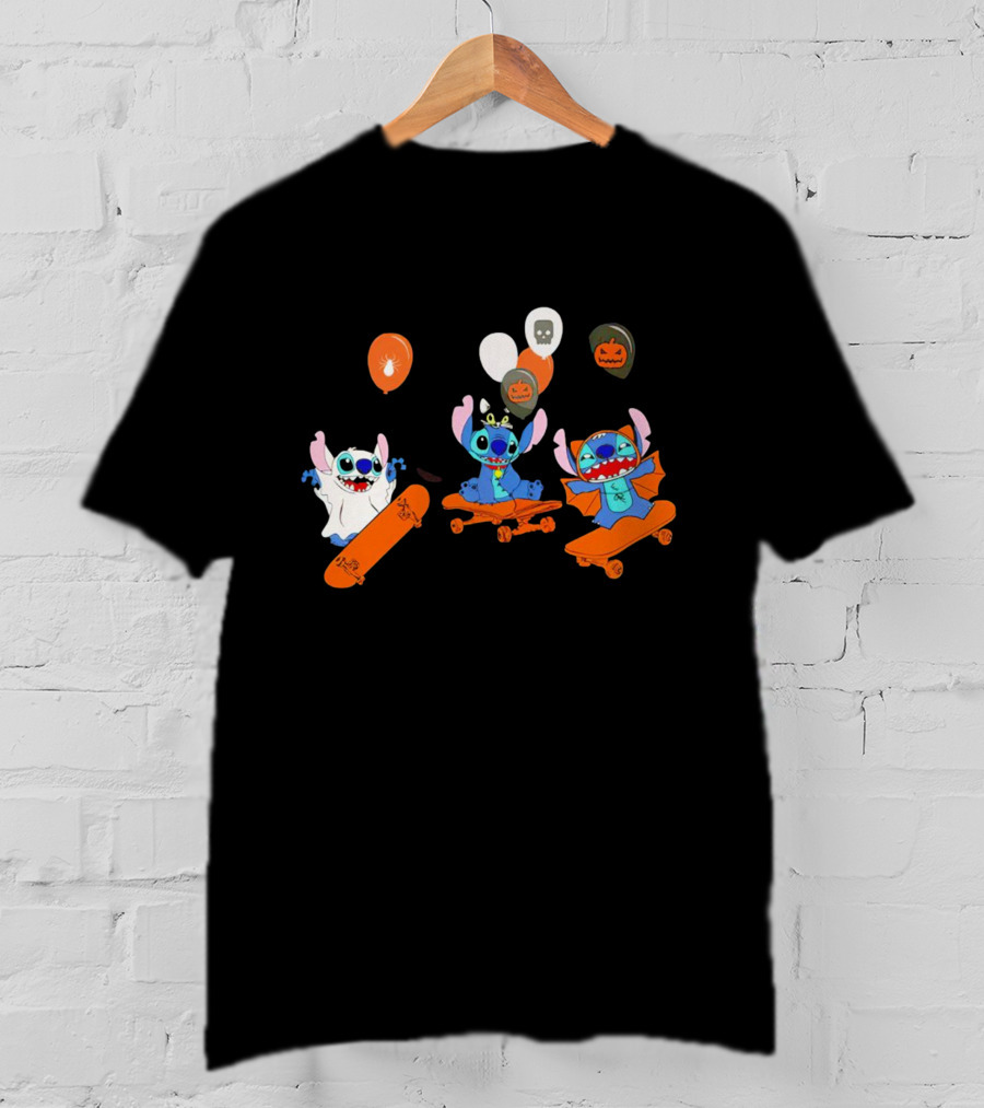 Stitch Skateboarding Halloween Balloons Cute Ghost Pumpkin T-Shirt