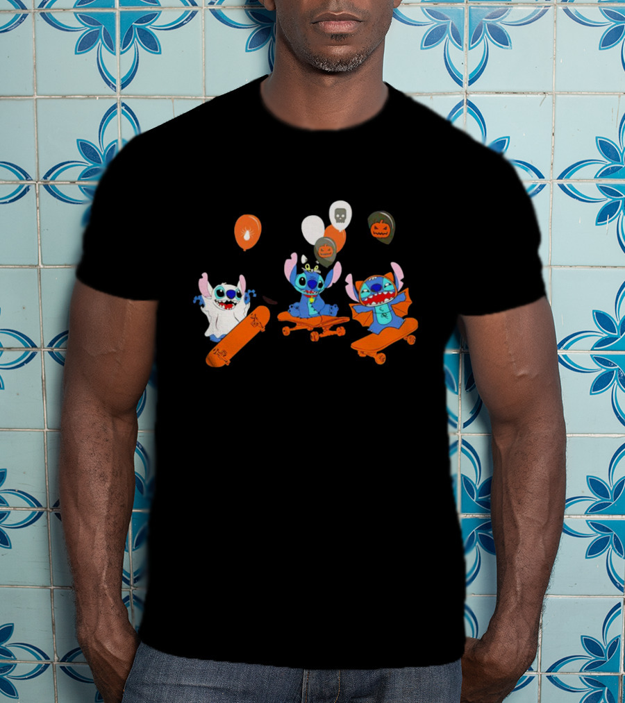 Stitch Skateboarding Halloween Balloons Cute Ghost Pumpkin T-Shirt