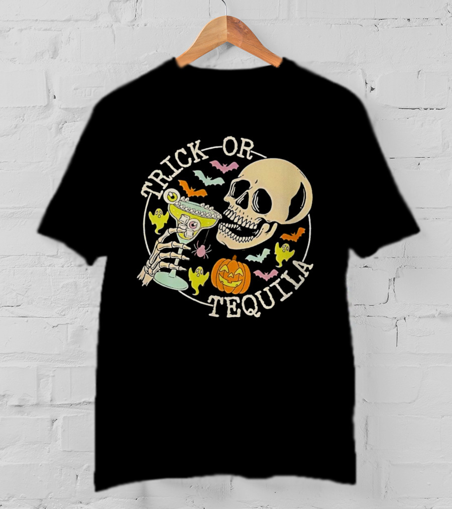 Trick Or Tequila Halloween Skeleton With Margarita, Bats, Ghosts, And Pumpkin T-Shirt