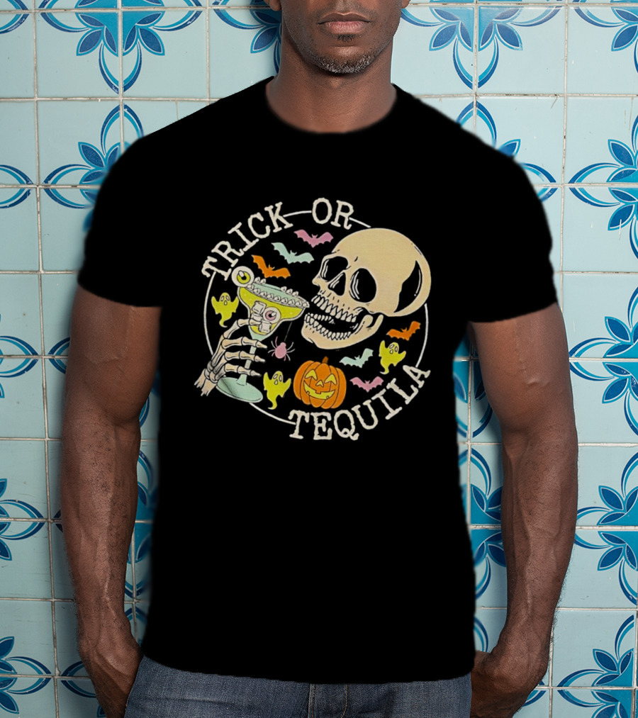 Trick Or Tequila Halloween Skeleton With Margarita, Bats, Ghosts, And Pumpkin T-Shirt