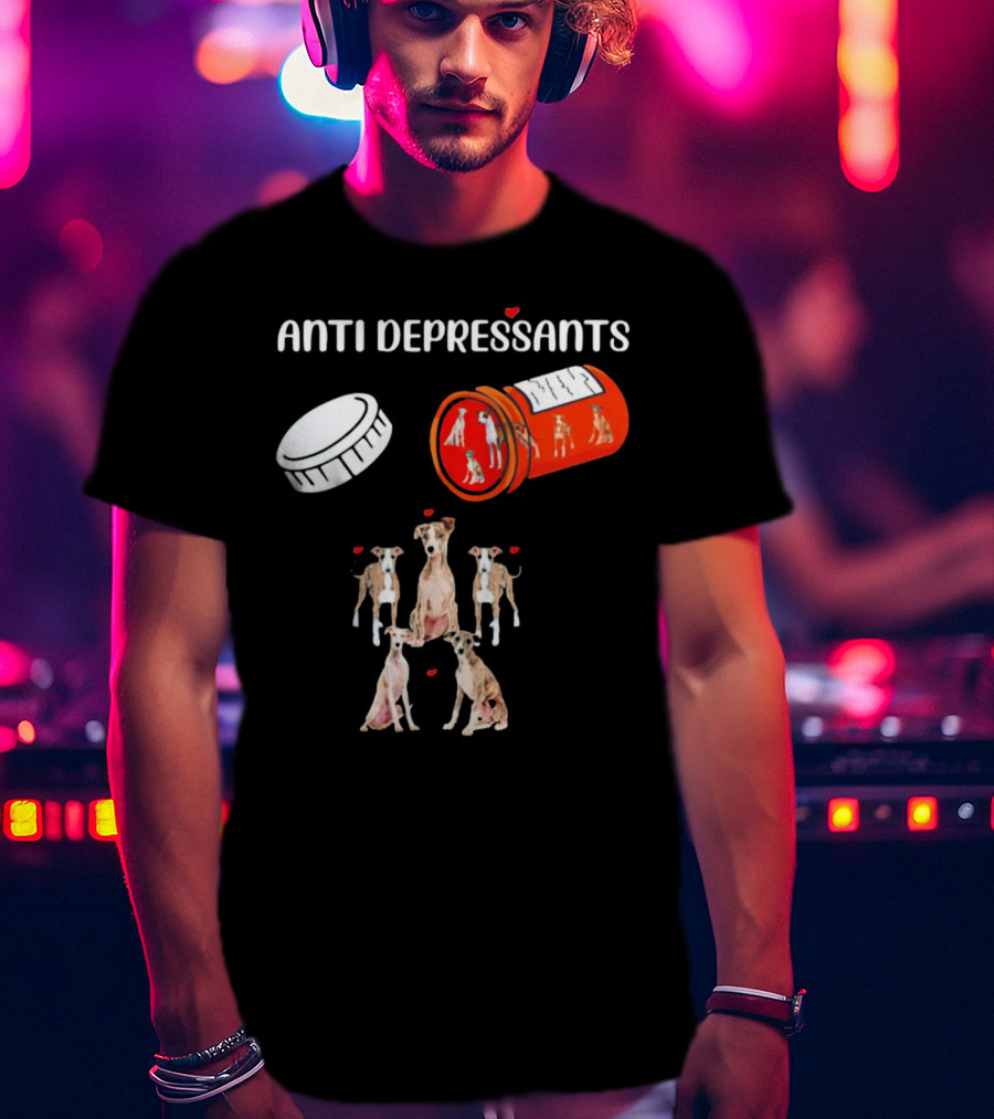Anti Depressants Dogs Medicine Bottle With Greyhound Puppies T-Shirt