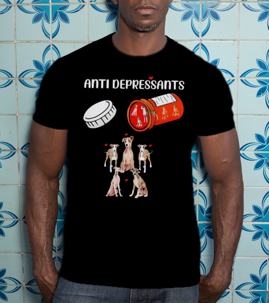 Anti Depressants Dogs Medicine Bottle With Greyhound Puppies T-Shirt