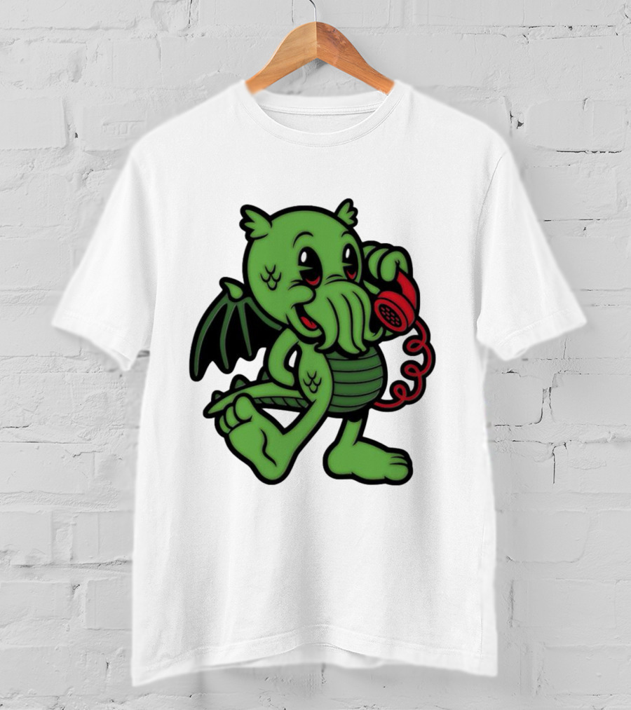 Chubby Cthulhu Phone Call Cartoon With Red Retro Telephone T-Shirt