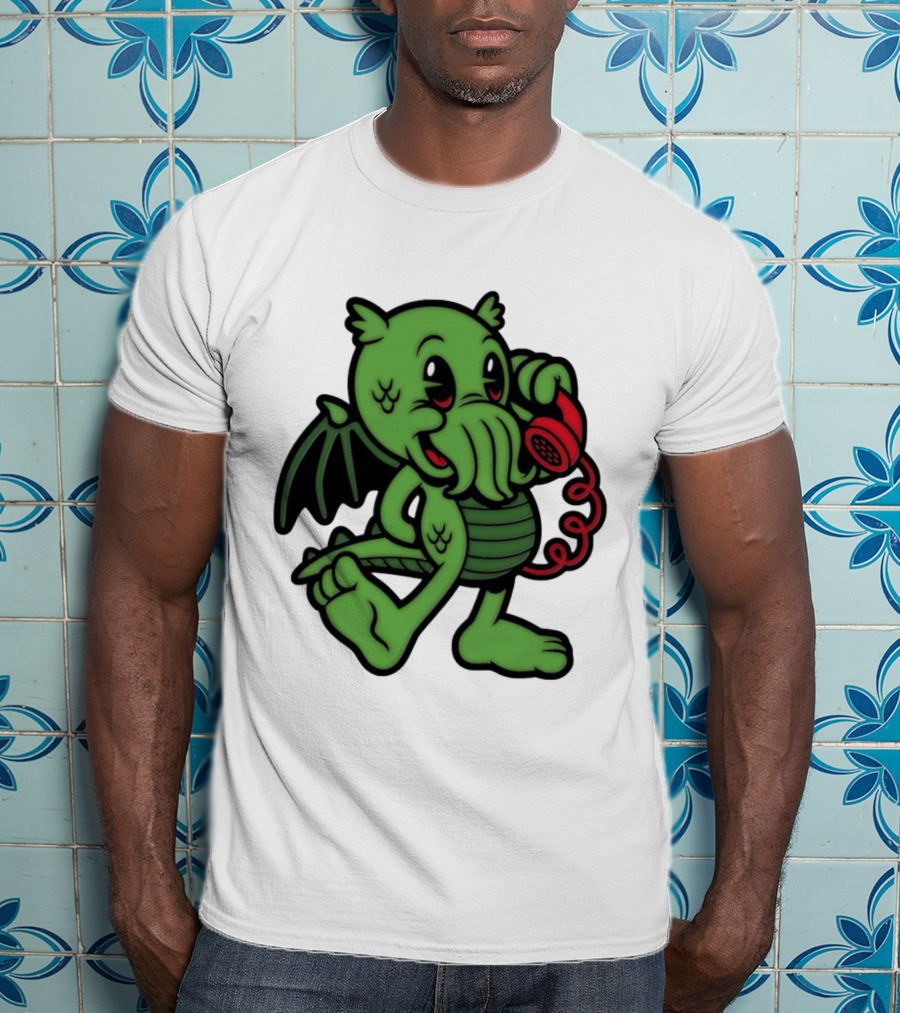 Chubby Cthulhu Phone Call Cartoon With Red Retro Telephone T-Shirt
