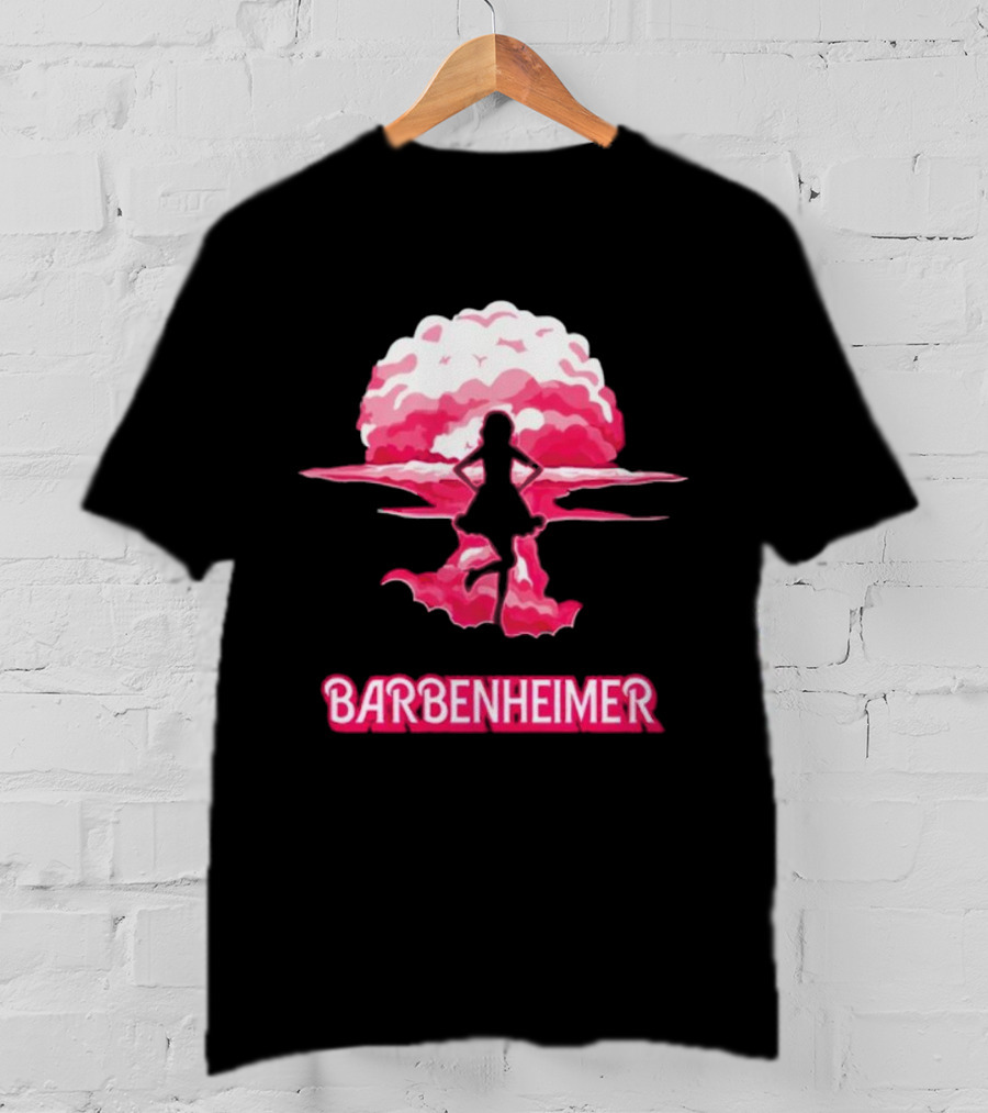 Barbenheimer Fusion Silhouette With Pink Explosion Background T-Shirt