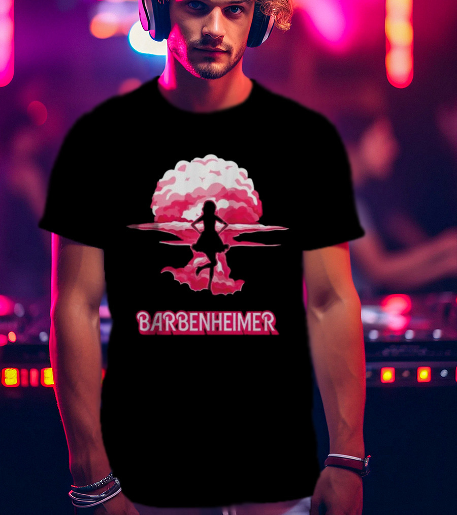 Barbenheimer Fusion Silhouette With Pink Explosion Background T-Shirt