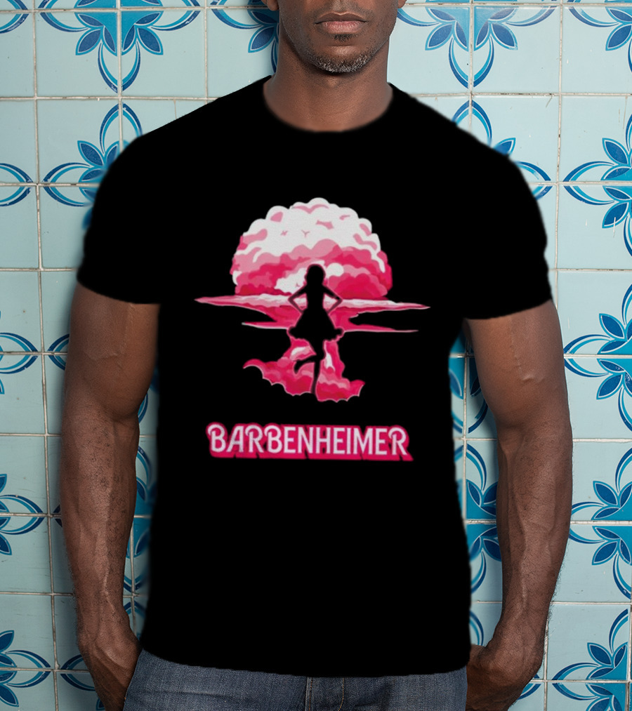 Barbenheimer Fusion Silhouette With Pink Explosion Background T-Shirt