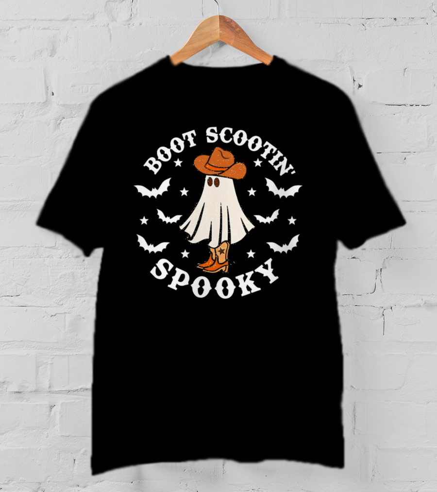 Boot Scootin Ghost With Cowboy Hat Spooky Halloween T-Shirt