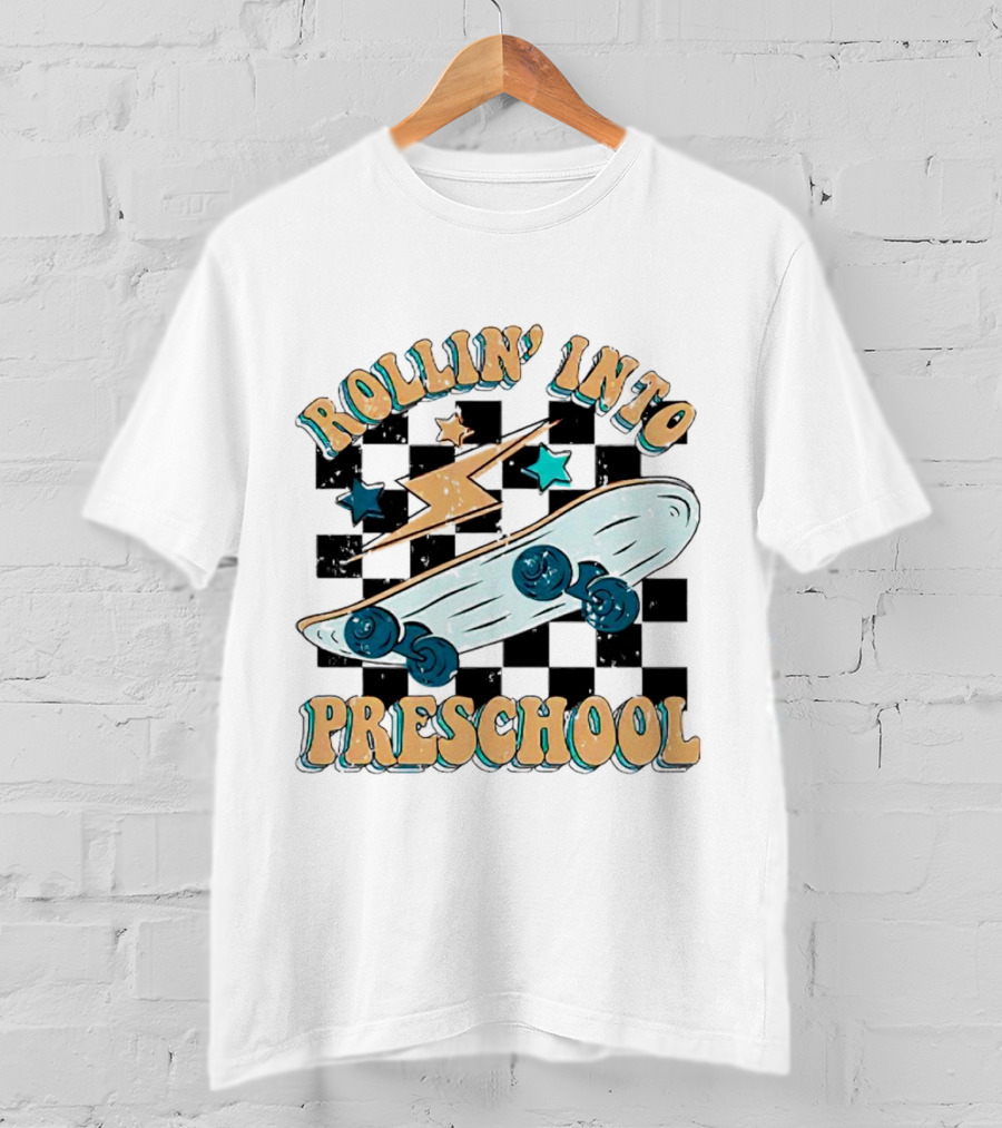 Rollin Into Preschool Skateboard Lightning Stars Checkered Background T-Shirt