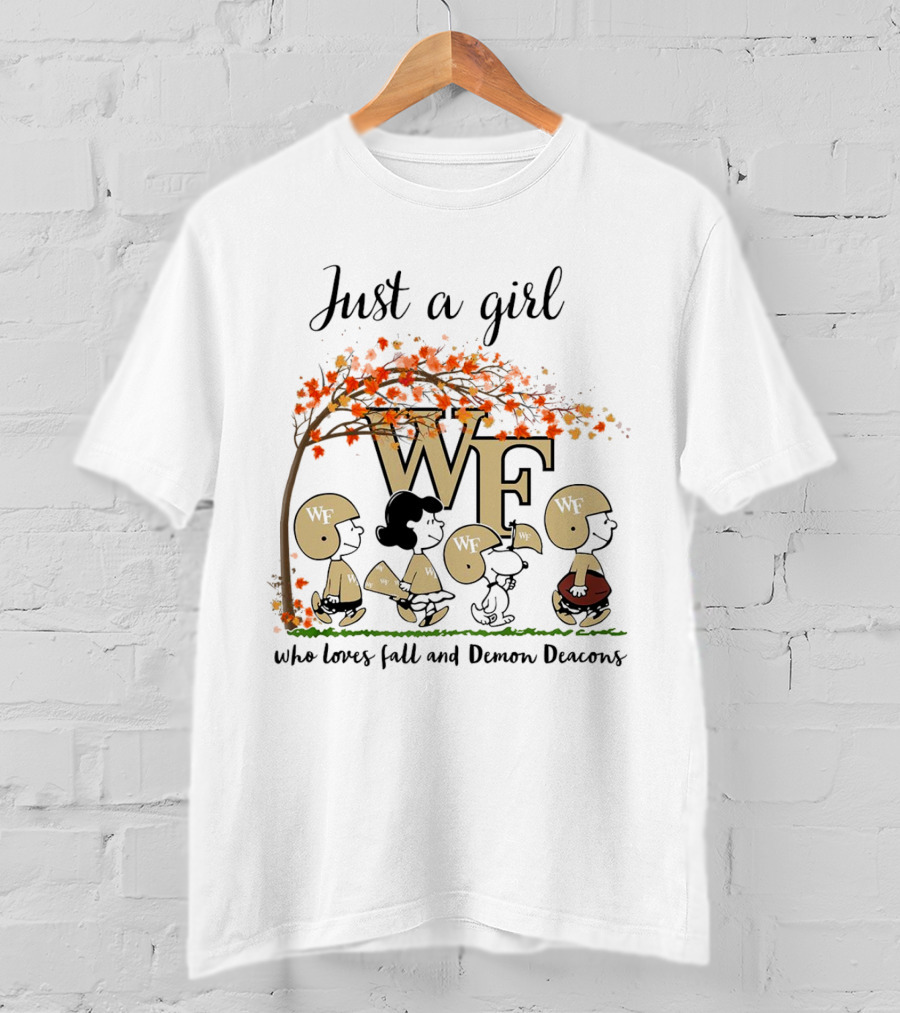 Just A Girl Who Loves Fall And Wake Forest Demon Deacons Peanuts Cartoon Halloween Football T-Shirt