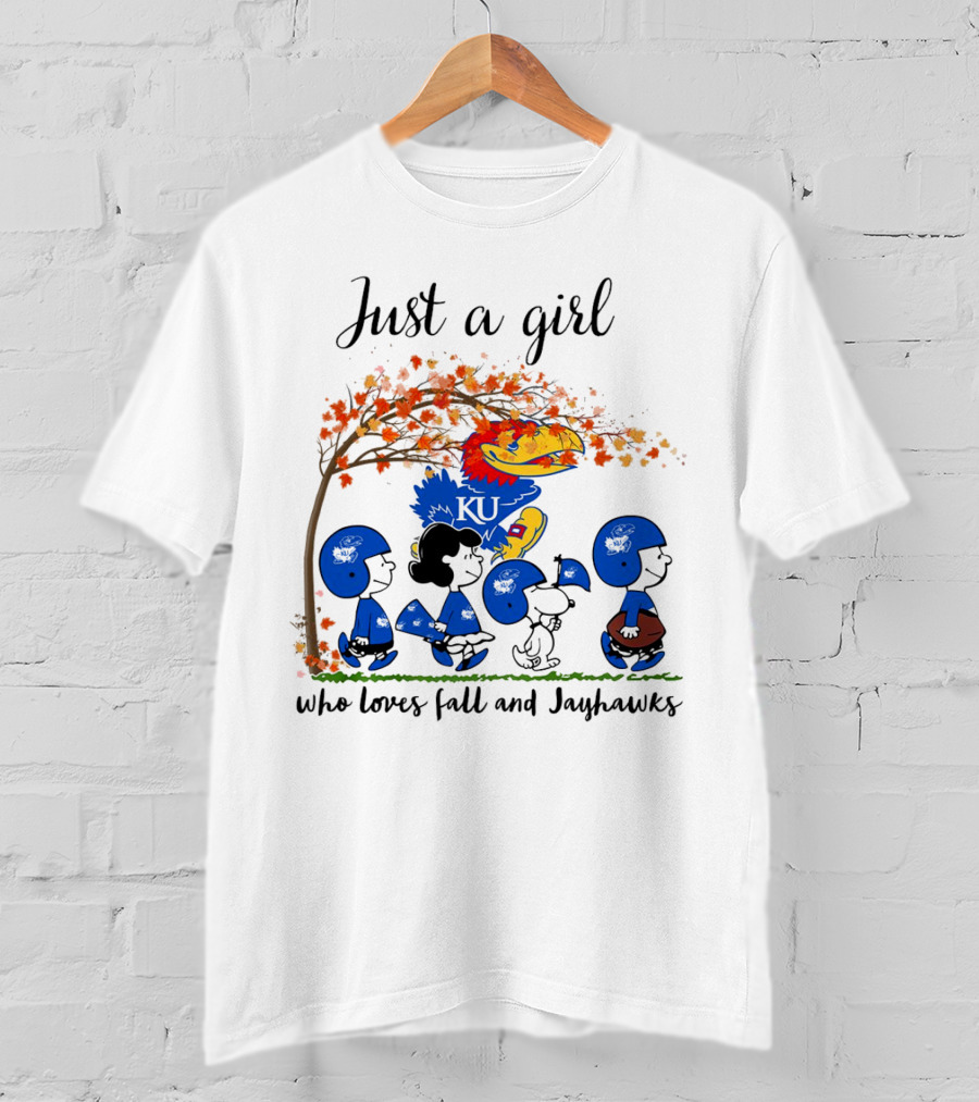 Just A Girl Who Loves Fall And Jayhawks Peanuts Cartoon Halloween KU T-Shirt