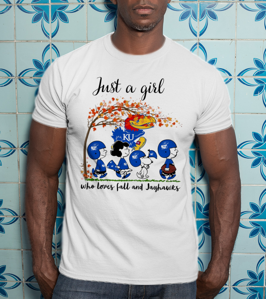 Just A Girl Who Loves Fall And Jayhawks Peanuts Cartoon Halloween KU T-Shirt