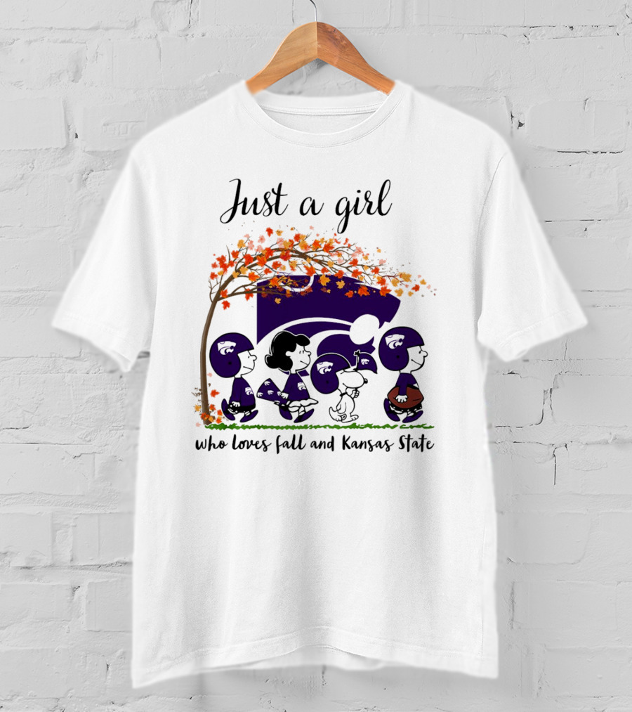 Just A Girl Who Loves Fall And Kansas State Peanuts Cartoon Halloween Football Players T-Shirt