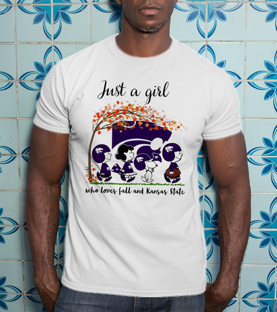 Just A Girl Who Loves Fall And Kansas State Peanuts Cartoon Halloween Football Players T-Shirt