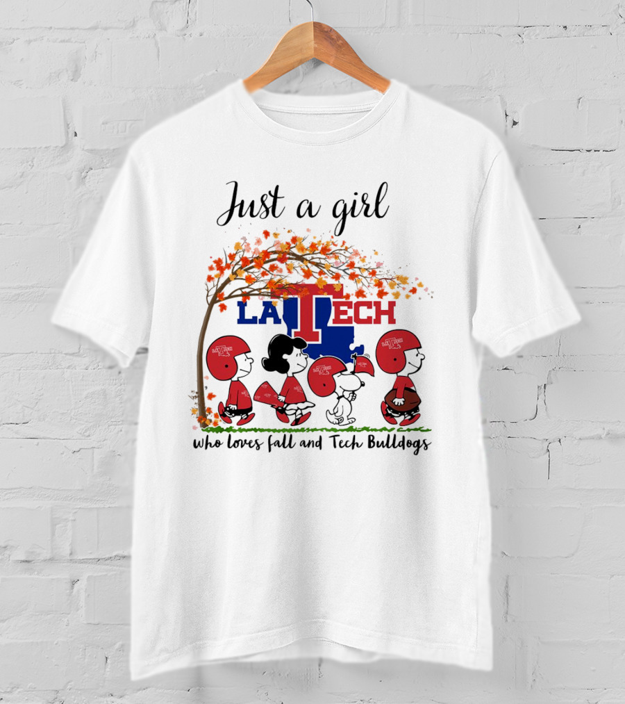 Just A Girl Who Loves Fall And LA Tech Bulldogs Peanuts Cartoon T-Shirt