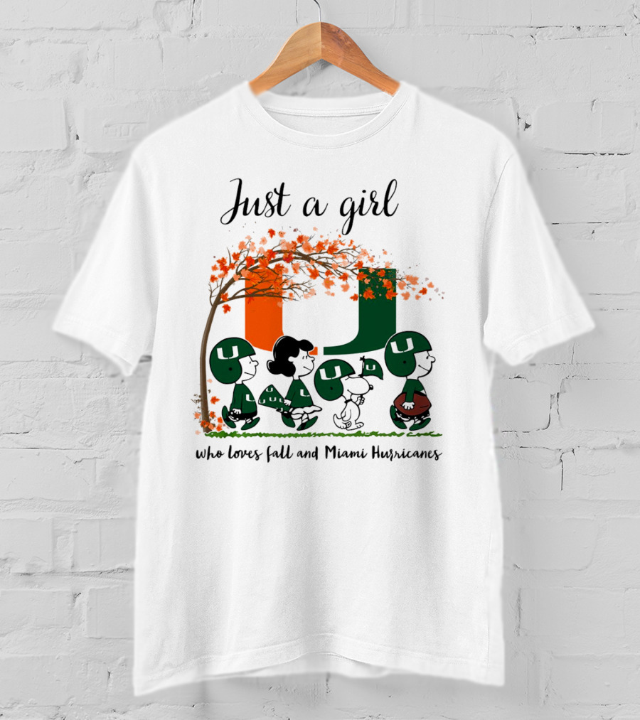 Just A Girl Who Loves Fall And Miami Hurricanes Peanuts Cartoon T-Shirt