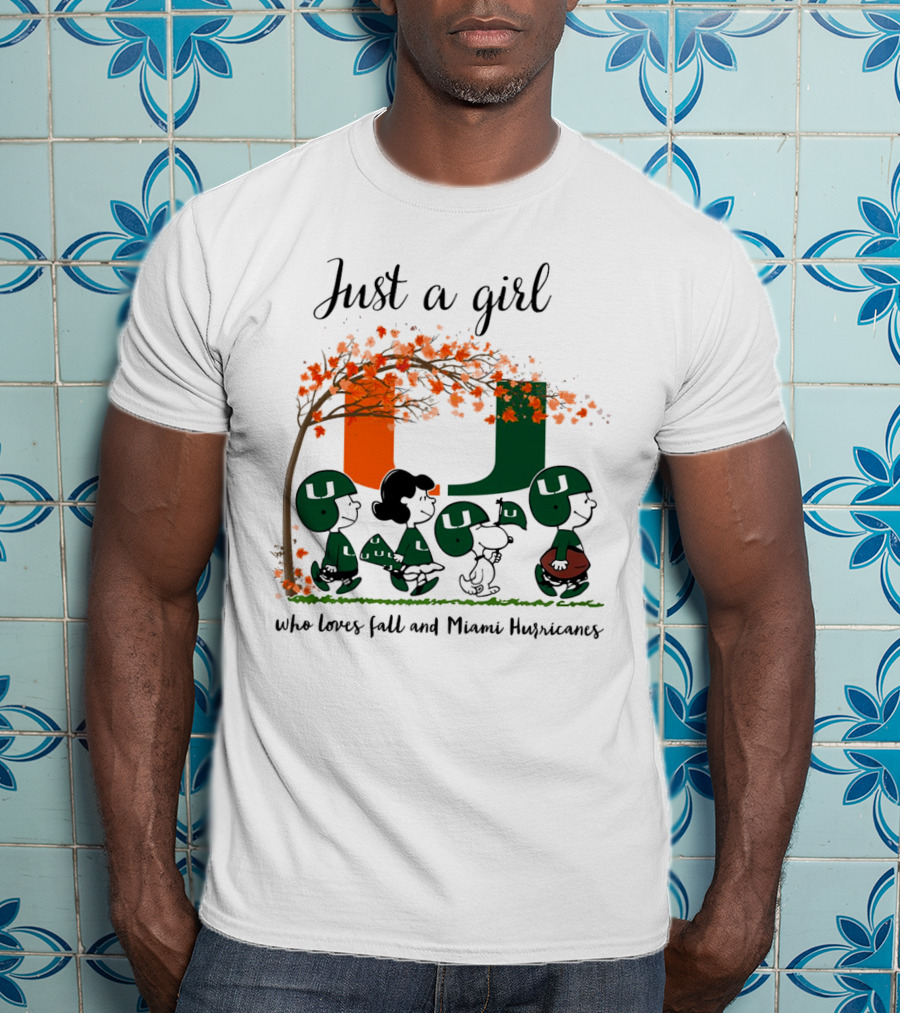 Just A Girl Who Loves Fall And Miami Hurricanes Peanuts Cartoon T-Shirt