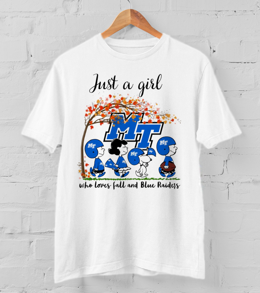 Just A Girl Who Loves Fall And Middle Tennessee Blue Raiders Peanuts Cartoon T-Shirt