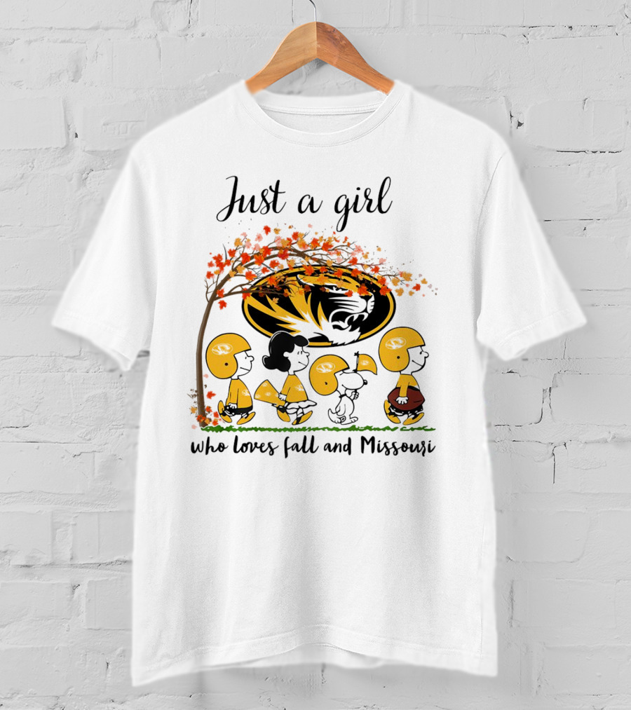 Just A Girl Who Loves Fall And Missouri Peanuts Cartoon Halloween Football Tiger Leaves T-Shirt