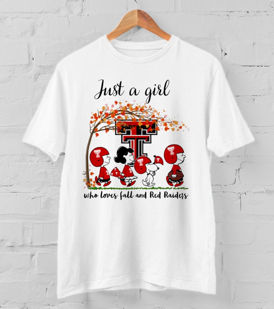 Just A Girl Who Loves Fall And Red Raiders Peanuts Cartoon Football Fans T-Shirt