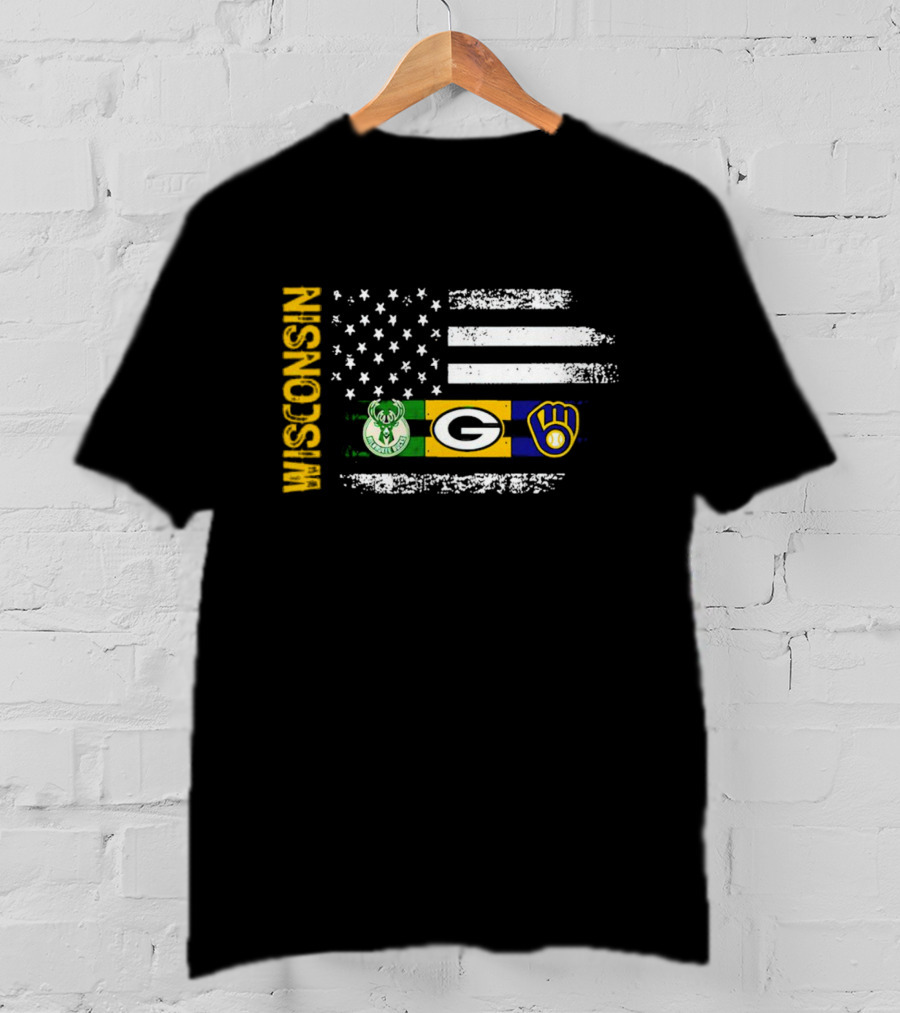 Wisconsin Flag American Sports Green Bay Packers Milwaukee Bucks Milwaukee Brewers T-Shirt