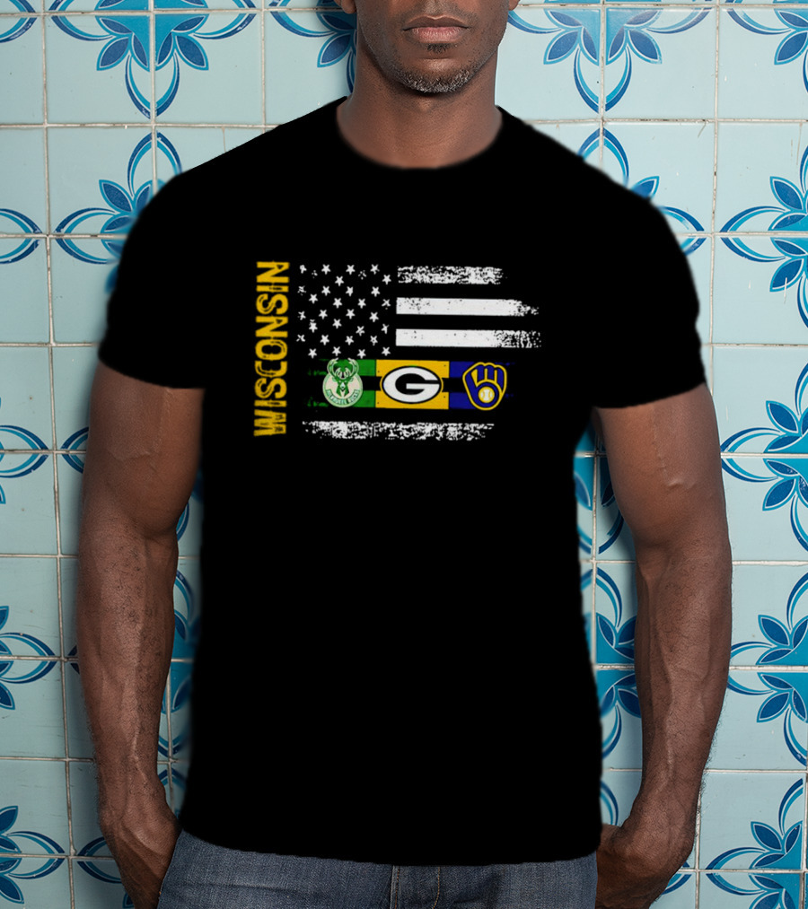 Wisconsin Flag American Sports Green Bay Packers Milwaukee Bucks Milwaukee Brewers T-Shirt