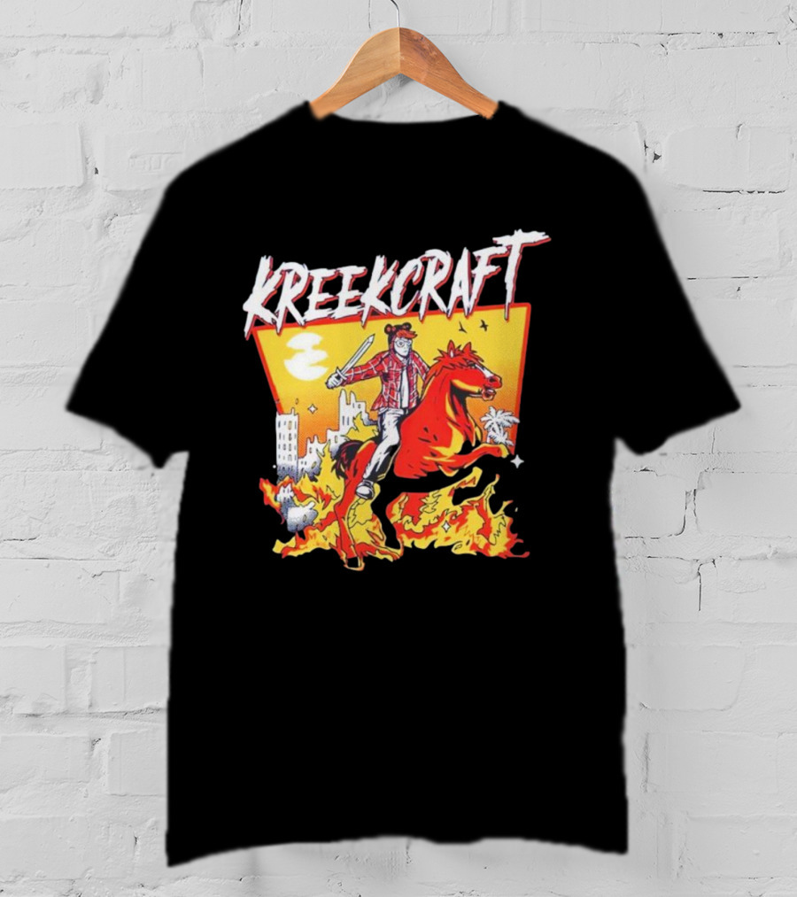 Kreekcraft Warrior Riding Fiery Horse In Urban Landscape T-Shirt