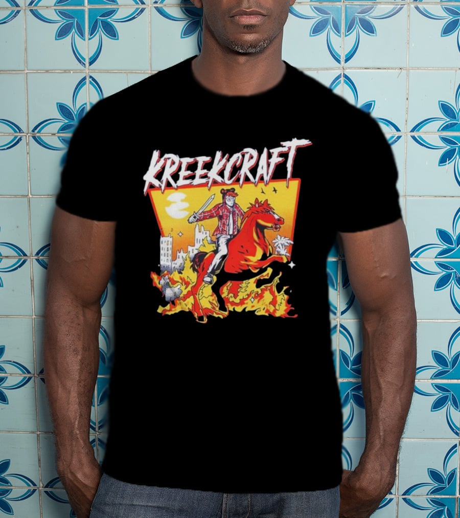 Kreekcraft Warrior Riding Fiery Horse In Urban Landscape T-Shirt
