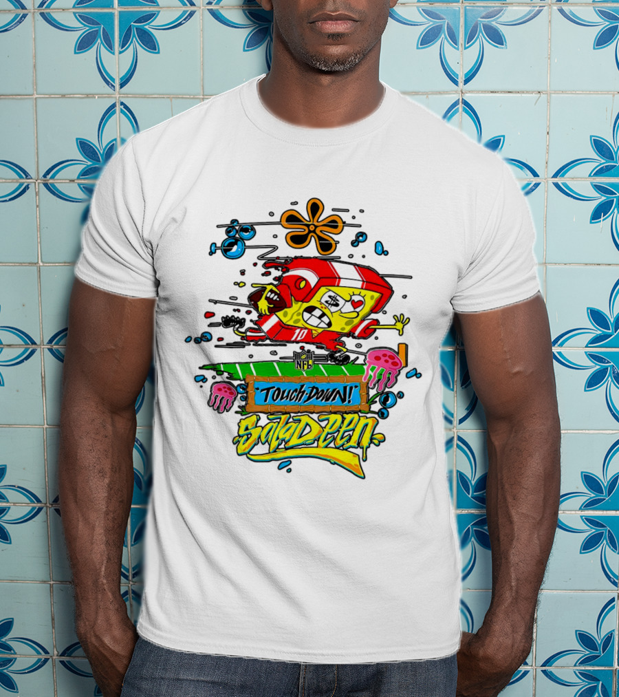 NFL Junk Food SpongeBob X King Saladeen Touchdown Saladeen Graffiti Art Football Character Burst T-Shirt