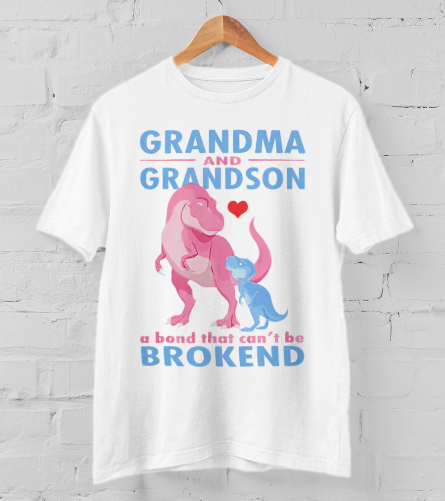 Grandma And Grandson A Bond That Can't Be Broken With Pink And Blue Dinosaurs And Heart T-Shirt