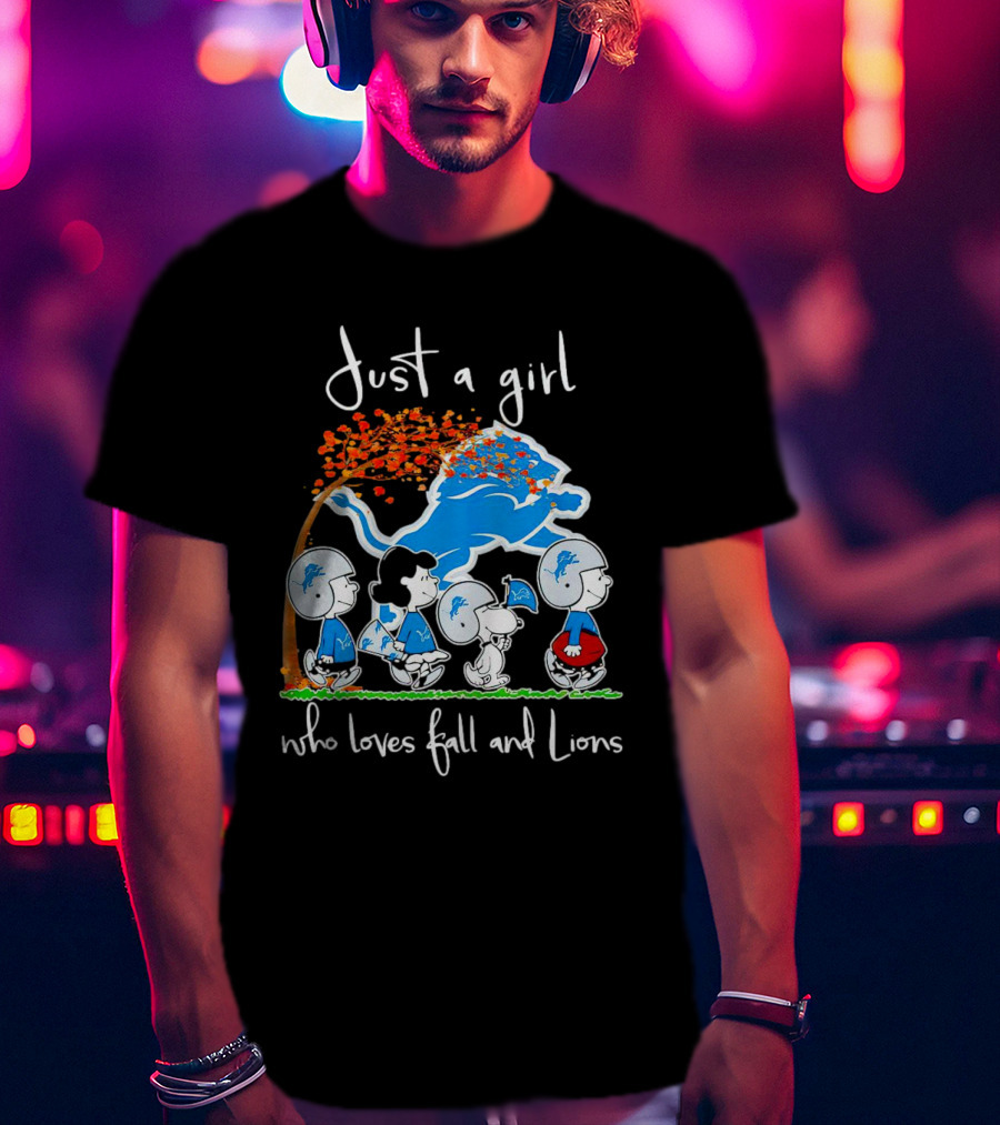 Snoopy Peanuts Just A Girl Who Loves Fall And Detroit Lions Football T-Shirt