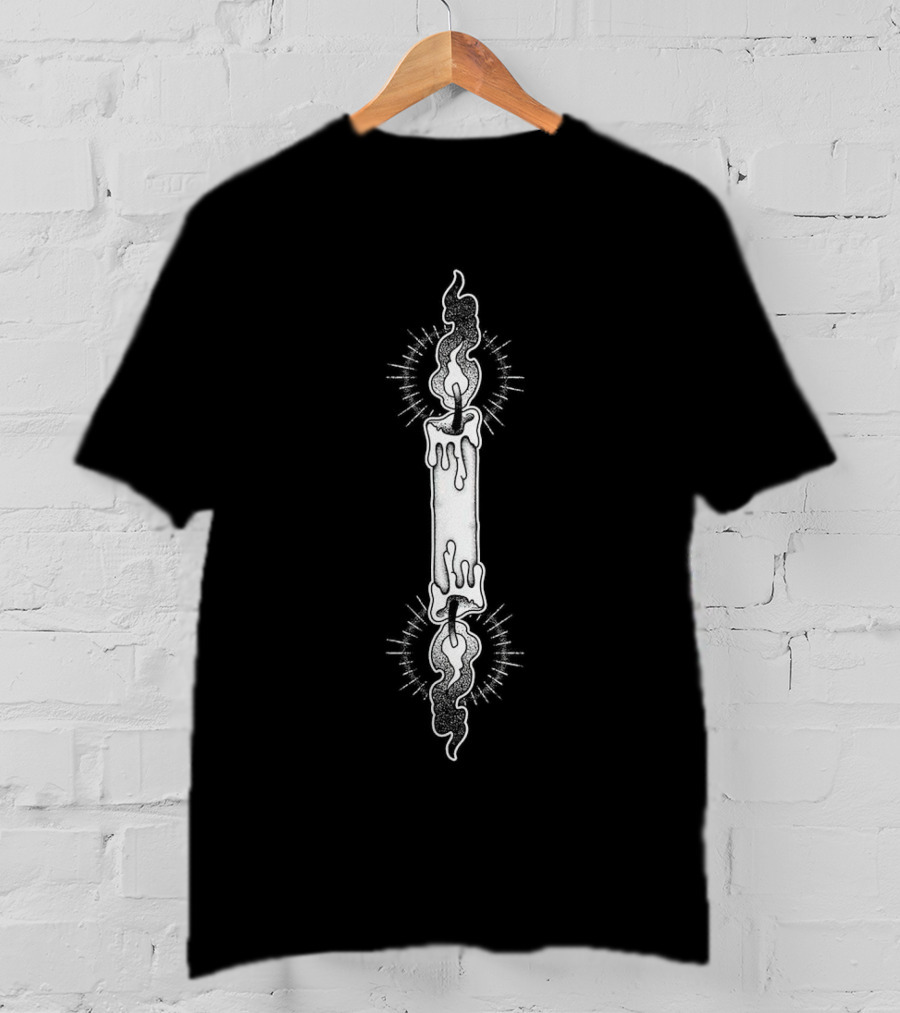 Burnt Out Melting Candle With Flames And Halo Glow T-Shirt