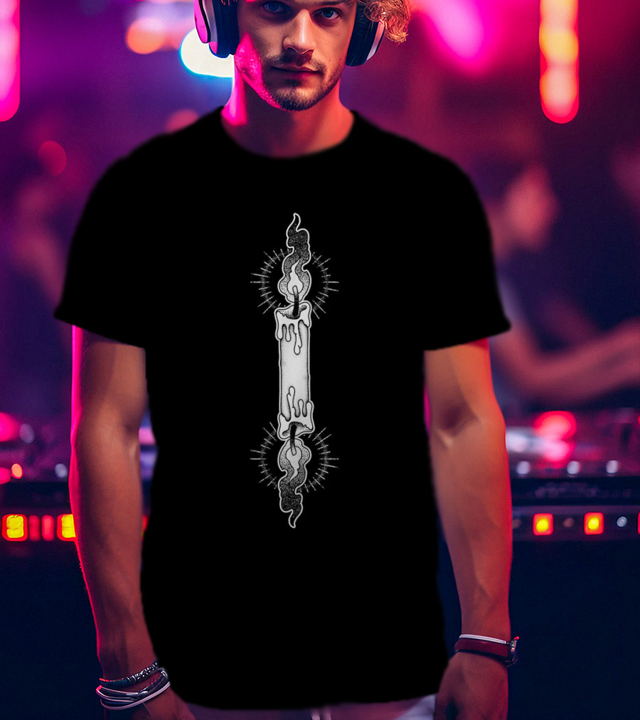 Burnt Out Melting Candle With Flames And Halo Glow T-Shirt