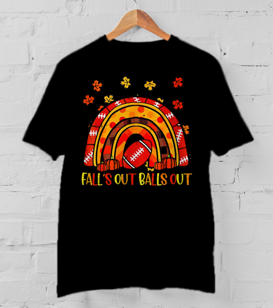 Fall's Out Balls Out Rainbow American Football Autumn Leaves T-Shirt