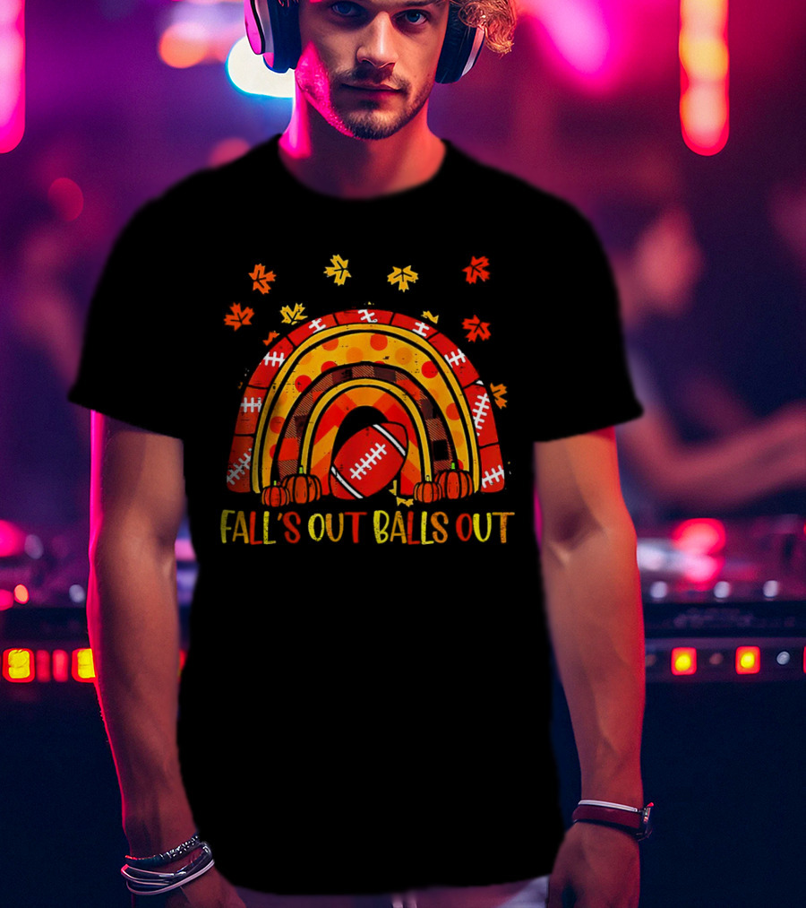 Fall's Out Balls Out Rainbow American Football Autumn Leaves T-Shirt