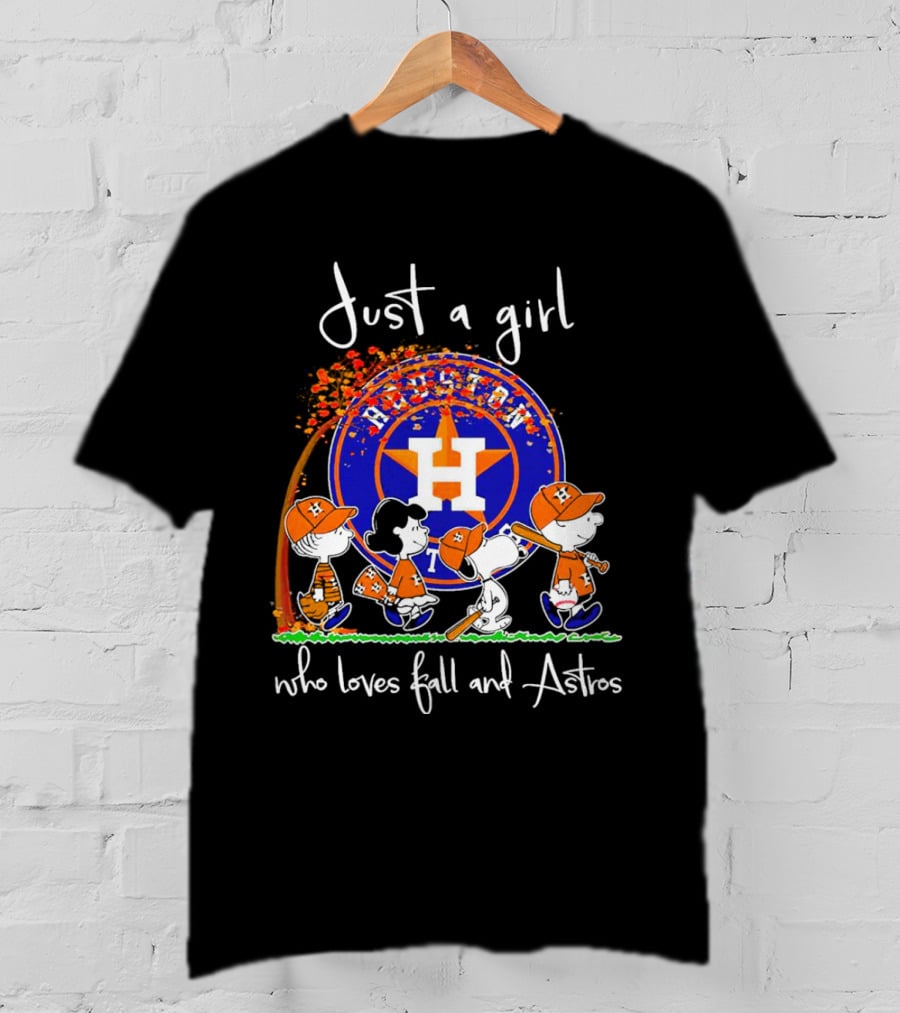 Just A Girl Who Loves Fall And Houston Astros Snoopy Peanuts Baseball Scene T-Shirt