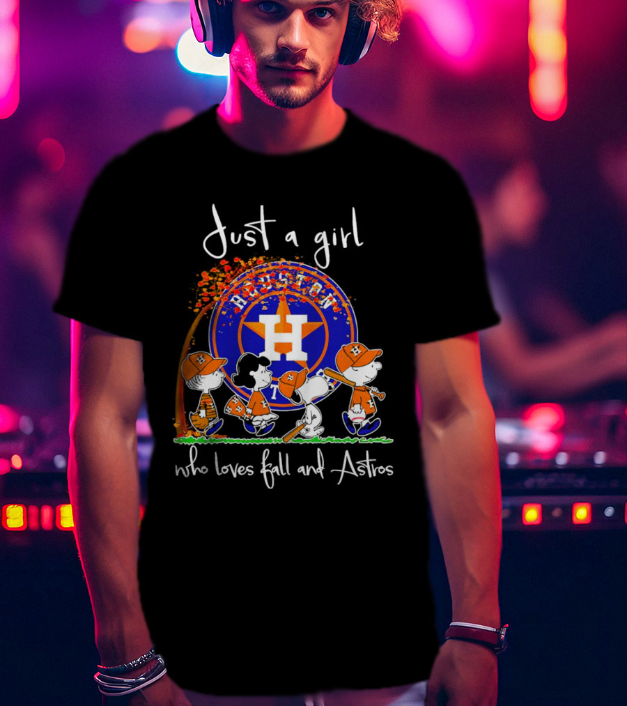 Just A Girl Who Loves Fall And Houston Astros Snoopy Peanuts Baseball Scene T-Shirt