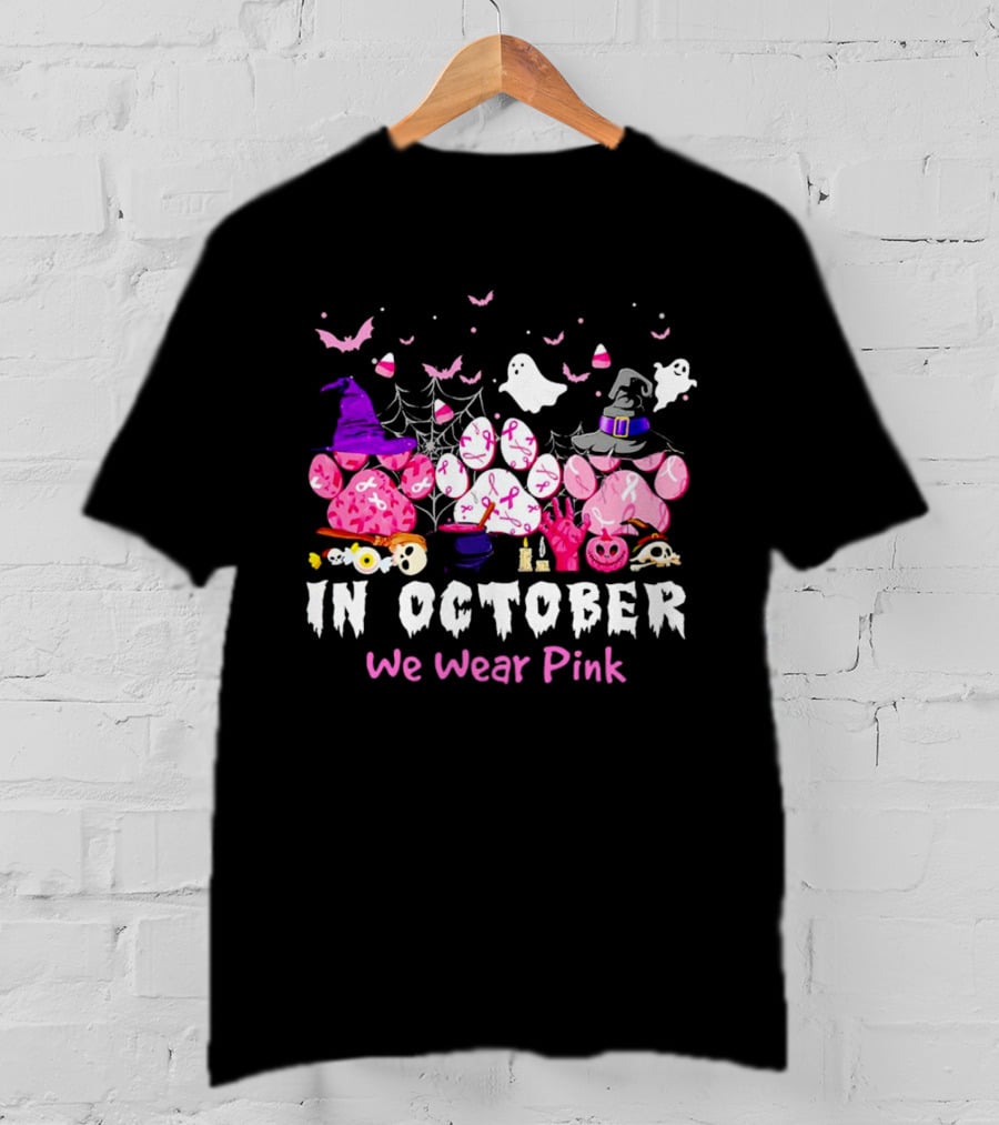 In October We Wear Pink Halloween Dog Paws Ghost Witch Hat T-Shirt