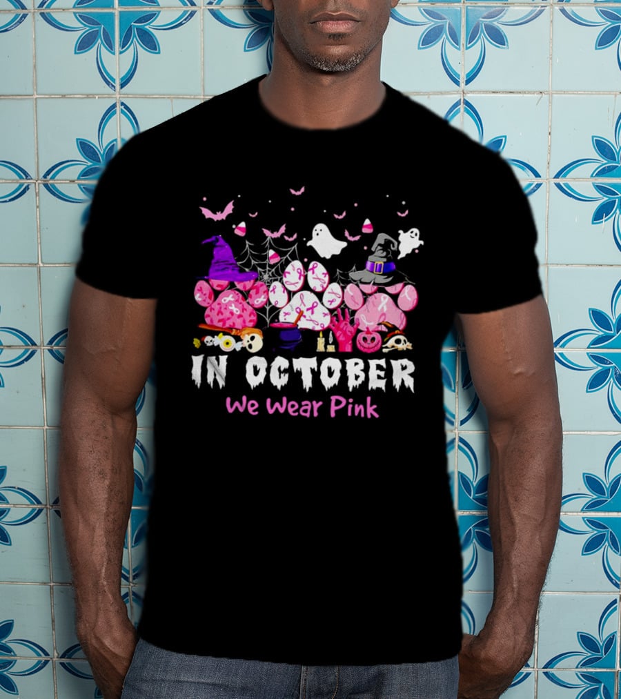 In October We Wear Pink Halloween Dog Paws Ghost Witch Hat T-Shirt