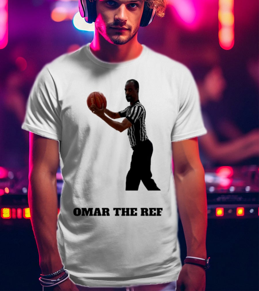Omar The Ref Holding Basketball In Striped Uniform T-Shirt