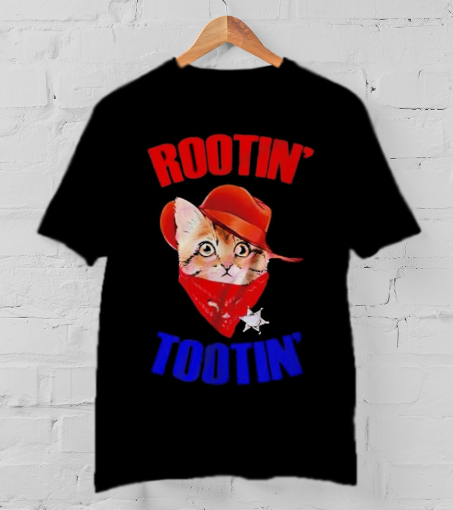 Rootin Tootin Cat Cowboy Vintage Red Hat And Bandana With Sheriff Star T-Shirt