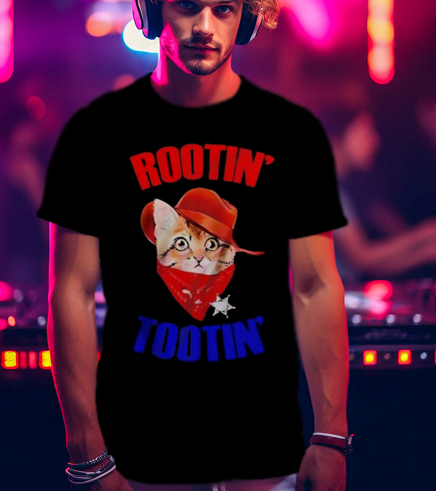 Rootin Tootin Cat Cowboy Vintage Red Hat And Bandana With Sheriff Star T-Shirt
