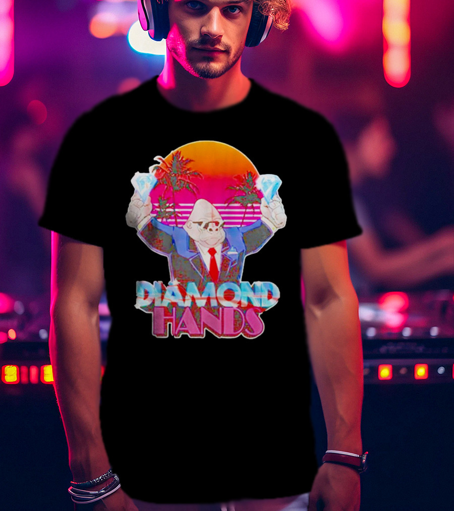 Diamond Hands Gorilla In Suit With Dollars And Vintage Sunset Background T-Shirt